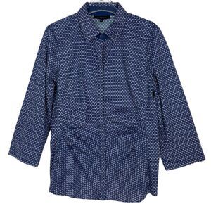 Lafayette 148 New York Size 10 Top Blouse Print Navy Blue Ruched Stretch Cotton